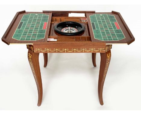 GAMES TABLE, Italian marquetry incorporating a roulette wheel, backgammon and chequerboard, 75cm H x 76cm x 76cm. 