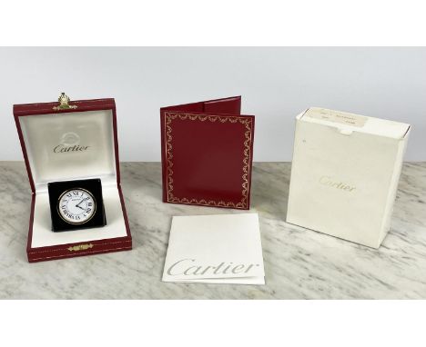 CARTIER 'PANTHERE' TRAVEL ALARM CLOCK, in black leather buttoned case in original red and gilt fitted box, serial number 0113