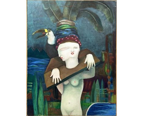 LINDA DOWNIE (b. 1964) 'Surrealist Portrait', oil on canvas, 96cm x 74cm, studio frame. 