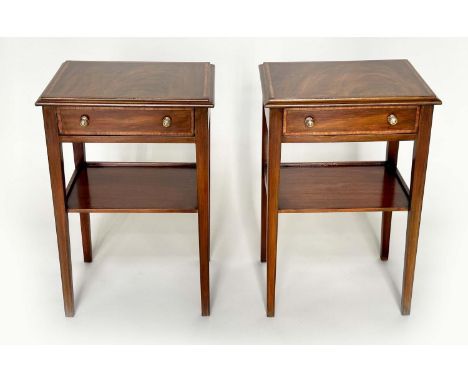 LAMP TABLES, a pair, George III design mahogany and satinwood crossbanded each with drawer and undertier, 42cm W x 33cm D x 6