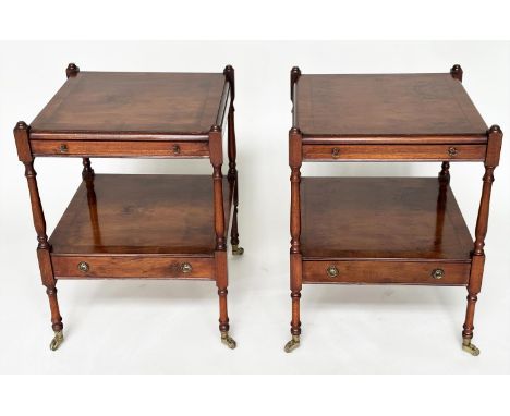 LAMP TABLES, a pair, George III design yewwood and crossbanded each with brushing slide and undertier drawer, 45cm x 45cm x 6