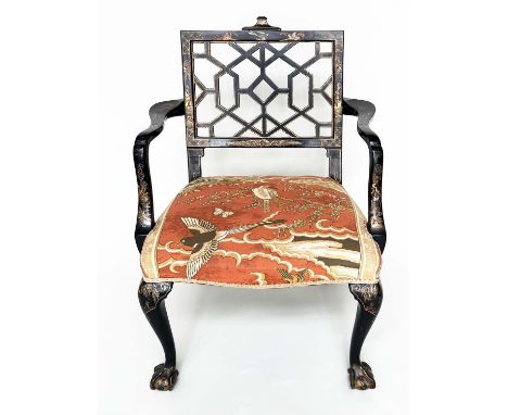 CHINESE CHIPPENDALE STYLE ARMCHAIR, lacquered and hand painted polychrome and gilt Chinoiserie decoration and lattice back, 6