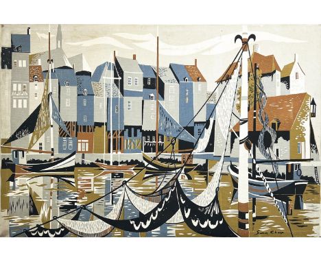 SIMON CHAYE (French b.1930), 'Boats in a French harbour', lithograph on canvas, 114cm x 169cm. 