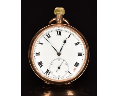 Unnamed 9ct gold keyless winding open faced pocket watch with subsidiary seconds dial, blued hands, black Roman numerals, whi