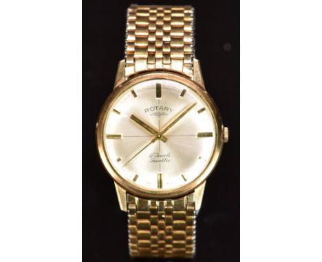 Rotary 9ct gold gentleman's wristwatch with gold hands and hour markers, silver dial and signed 17 jewel movement, on gold pl