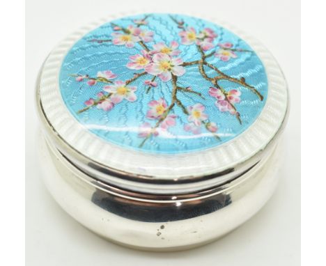 Edward VII hallmarked silver guilloché enamel pot, decorated with flowers, Birmingham 1903, maker&nbsp;Douglas Clock Co, diam