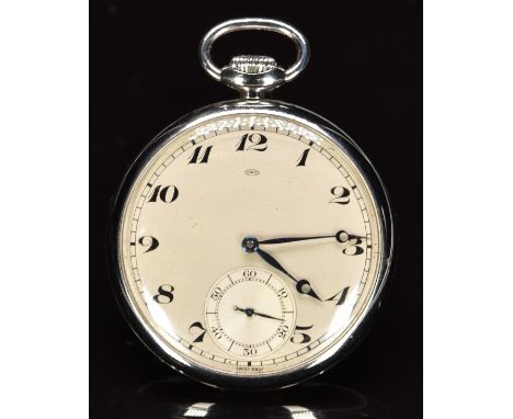 International Watch Company IWC keyless winding open faced pocket watch with inset subsidiary seconds dial, blued Breguet han