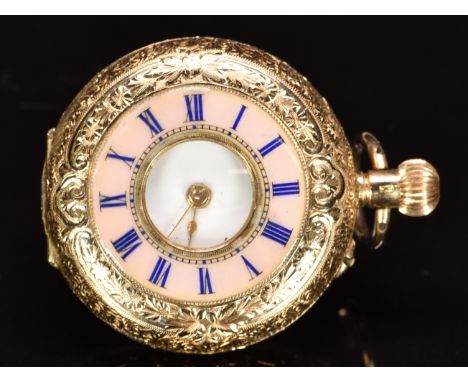 Continental 14ct gold keyless winding half hunter pocket watch with black Roman numerals, gold hands, white enamel dial, blue