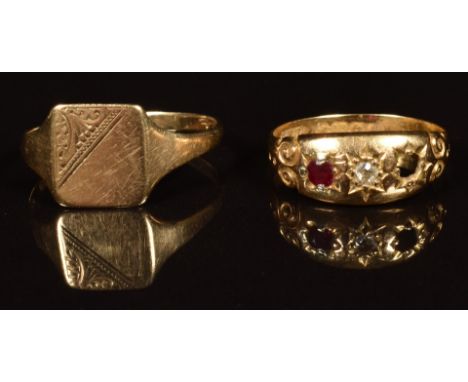 An 18ct gold ring set with a ruby and diamond (2g, missing a ruby) and a 9ct gold signet ring (1.4g) sizes L and P