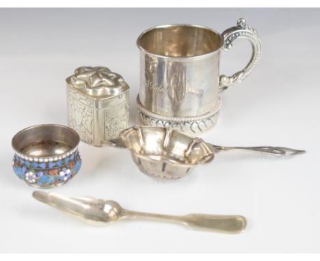 Continental and similar silver items comprising Russian enamel decorated salt, christening mug marked sterling, Dutch silver 