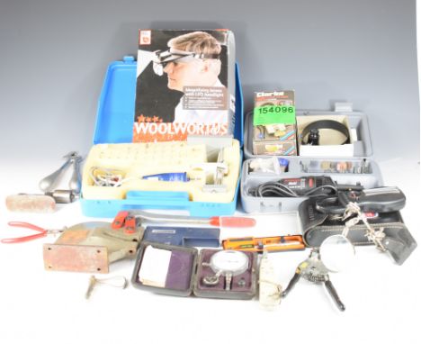 Tools relating to watch and clock making and repairing, including various magnifiers, Dremel multitool, calipers, micrometers