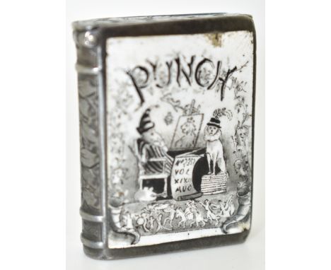 Victorian novelty hallmarked silver vesta case formed as a book with enamel decoration of Punch to the front, Birmingham 1886