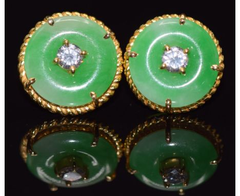 A pair of yellow metal earrings set with jade and a diamond to each, total diamond weight approximately 0.5ct, marked 835, 9g