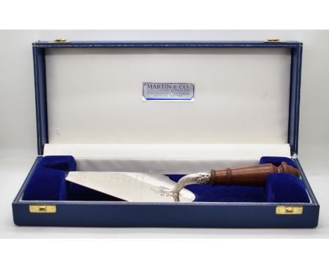 Modern hallmarked silver presentation trowel relating to Roy Scot House (Royscot House), Cheltenham 1987, Birmingham 1986, ma