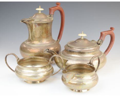 Walker &amp; Hall George V hallmarked silver four piece teaset, Sheffield 1917, length of teapot 28cm, weight of all four ite