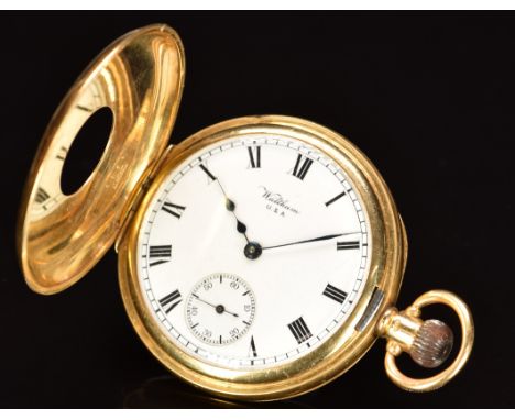 P S Bartlett Waltham&nbsp;18ct gold keyless winding half hunter pocket watch with inset subsidiary seconds dial, blued hands,