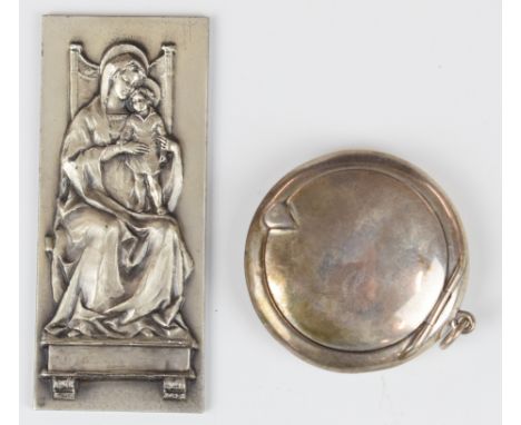 Religious silver plaque marked 800, length 9cm together with a hallmarked silver compact, weight of both items 131g