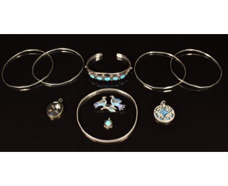 Navajo silver bangle set with turquoise and pendant, Art Deco enamel and paste pendant, silver bangles, pietra dura pendant a