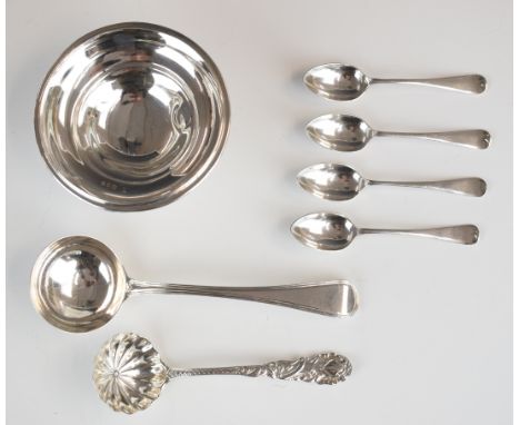Hallmarked silver bowl raised on three feet together with various Georgian and later cutlery including a ladle, sifter ladle 