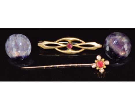 A pair of blue john earrings, 9ct gold stick pin set with a garnet and seed pearls (1g) and Charles Horner brooch (2.6g)