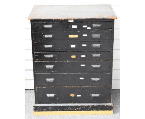 19th/20thC painted pine haberdashery or collector's chest of seven graduated compartmentalised drawers containing a plethora 