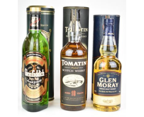 Three bottles of whisky comprising Tomatin Single Highland Malt Scotch Whisky aged 10 years, 75cl, 40% vol, Glen Moray Single