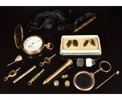 Waltham gold plated pocket watch, paste set stick pin, pocket watch keys, propelling pencils including silver example, silver