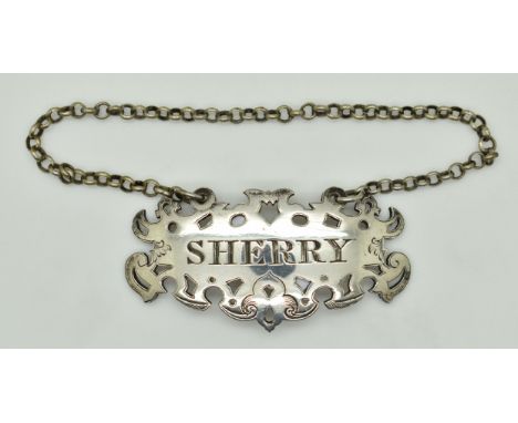 Victorian hallmarked silver sherry bottle ticket or label with pierced and engraved decoration, London 1846, maker&nbsp;Charl