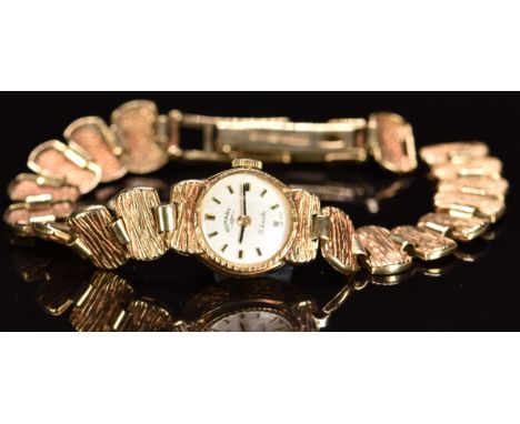 Rotary&nbsp;9ct gold ladies wristwatch with black hands, two-tone hour markers, silver dial and 21 jewel movement, on 9ct bra