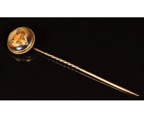 Victorian stick pin set with a painted&nbsp;enamel plaque depicting a fox, in a rope twist border, by William Essex 1862&nbsp