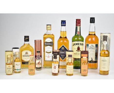 Collection of Scotch and Irish whisky including Jameson, Bushmills, Glenmore, Glen Stag, all 70cl or 1ltr, together with smal