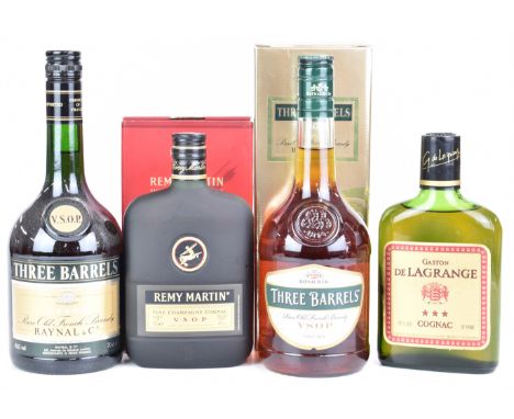 Four bottles of brandy / cognac comprising two bottles of Three Barrels VSOP 70cl, 38% vol, Remy Martin Champagne Cognac, 40c