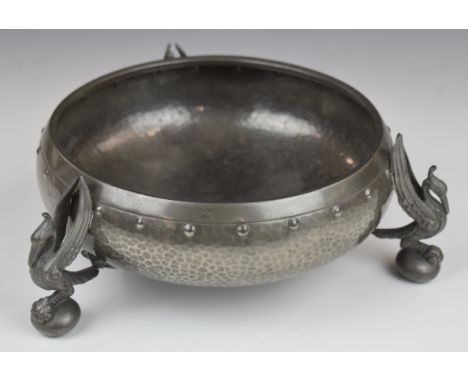 Walker &amp; Co. Homeland pewter Arts and Crafts bowl with bird supports, diameter 25.5cm