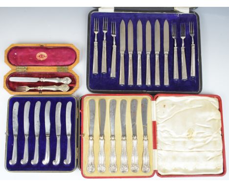 Four cased sets of hallmarked silver handled cutlery comprising two sets of knives, one by Goldsmiths and Silversmiths Compan