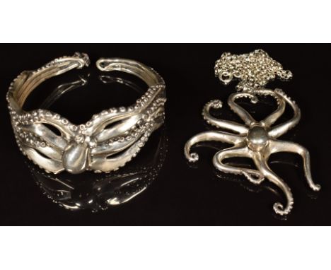 A hallmarked silver bangle and pendant, each in the form of an octopus, maker C G &amp; S