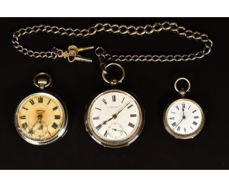 Three open faced pocket watches, one Fattorini &amp; Sons of Bradford hallmarked silver on silver chain, a smaller ladies exa