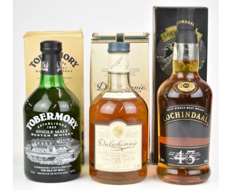 Three bottles of whisky comprising Dalwhinnie Single Highland Malt Scotch Whisky 15 years old, 70cl, 43% vol, Lochindaal 43 I