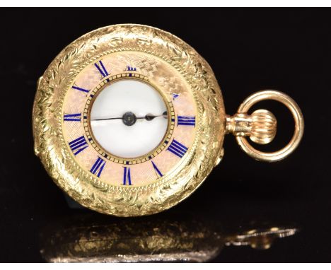 Continental 14ct gold keyless winding half hunter pocket watch with black Roman numerals, blued hands, white enamel dial, blu