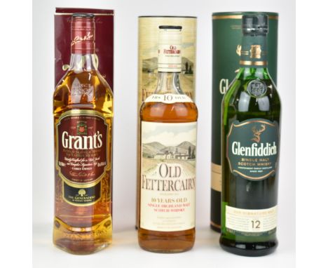Three bottles of whisky comprising Old Fettercairn 10 years old Single Highland Malt, 70cl, 43% vol, Glenfiddich Single Malt 