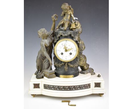 19th or early 20thC marble and gilt metal mantel clock, with white enamel painted dial, striking on a bell, height 42cm