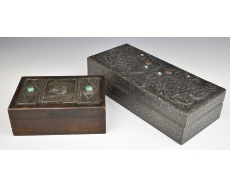 Two Arts &amp; Crafts style pewter and cabochon decorated trinket boxes, length of longest 27cm