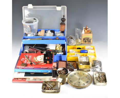 A collection of items for the amateur watch or clock repairer, includes tools and parts including pocket watch hands, top win