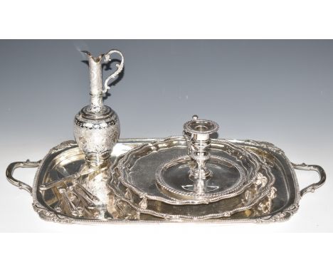 Silver plated two handled tray, length 55cm, two salvers, chamber stick, silver handled knives etc