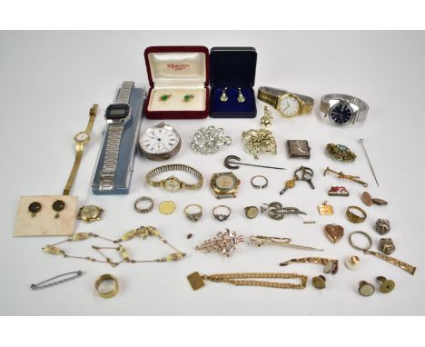 A collection of jewellery including Art Deco wristwatch, Exquisite brooch, 9ct gold earrings, silver pocket watch, Nuno 9ct g