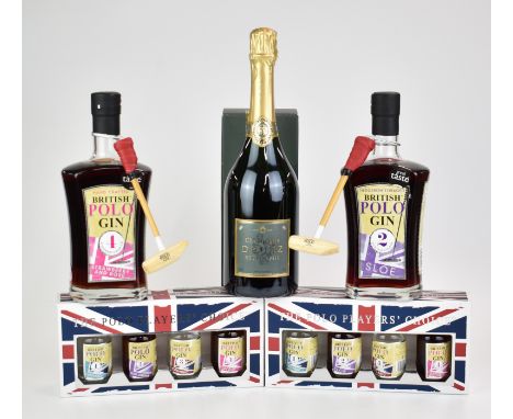Two bottles of hand crafted British Polo Gin comprising sloe gin and strawberry and rose both with miniature polo mallets, bo