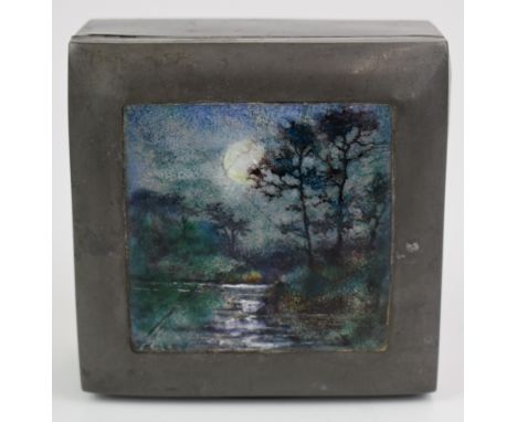 Charles Fleetwood Varley (1863-1942) for Liberty &amp; Co. Regent Street London, Tudric pewter trinket box with enamelled lan