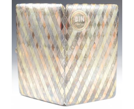 George V hallmarked silver tricoloured cigarette case set with diamonds and with cabochon button, import marks for London 192