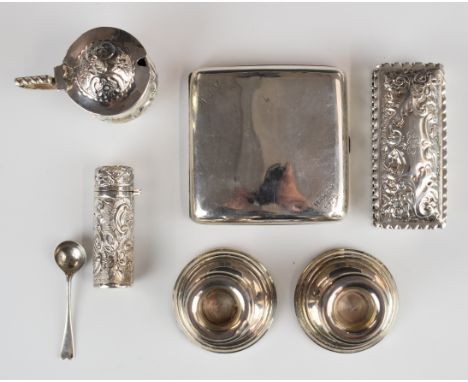 Curved hallmarked silver cigarette case, Victorian hallmarked silver snuff or similar box with embossed decoration, length 9c