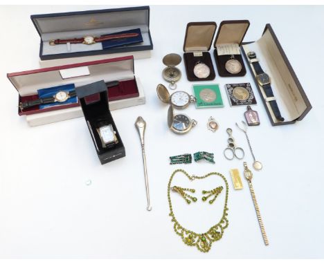 A collection of jewellery and coins including necklace, Art Deco paste earrings, pocket watches, boxed Maurice Lacroix and Ro