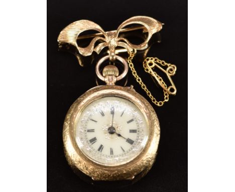 Swiss 9ct gold keyless winding open faced pocket watch with black Roman numerals, blued hands, silver decorated&nbsp;white en